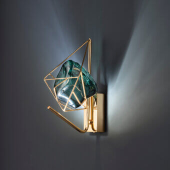 Exceptional Euroluce Cryrock wall lamp crafted in teal glass and Tuscan crystal rock with a golden finish