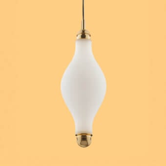 Exceptional Euroluce Dewy suspension lamp crafted in opaque white with polished golden metal caps and a smooth matte finish