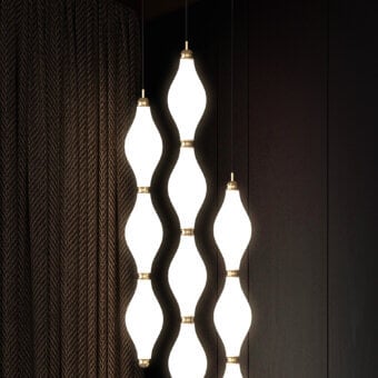 Superior Euroluce Dewy suspension lamp with translucent white shade and dark metal suspension cords in smooth matte finish