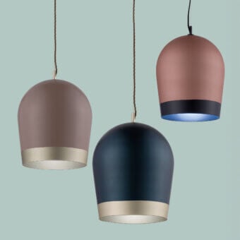 Distinguished Euroluce Duo suspension lamp with rose-pink, navy blue and taupe shades, gold metallic accents and smooth matte finish