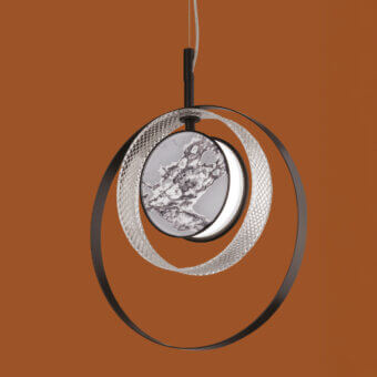 Distinguished Euroluce Eclissi suspension lamp with overlapping matte black metal rings framing a marbled white and gray glass panel