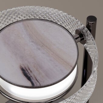 Cassoni table lamp, chrome finish, circular marbled panel with brown and gray veining, faceted crystal frame, and white LED illumination.