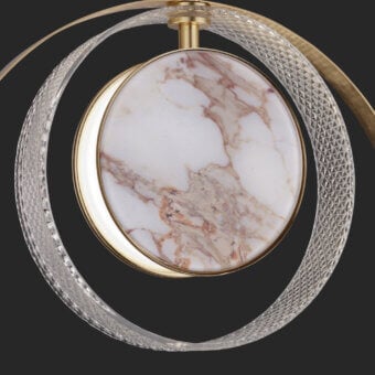 Distinguished Euroluce Eclissi wall lamp crafted with gold-toned metal and precious marble-effect disc with hand-cut diamond glass rings