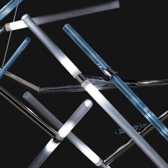 Cassoni effect suspension lamp, polished chrome, intersecting rods with translucent white acrylic tubes and blue accents, illuminated LEDs.