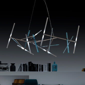 Exceptional Euroluce Effect suspension lamp crafted in polished metal with a cool light blue-grey finish and interconnected lines