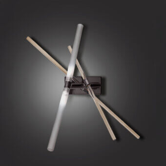 Wall lamp with bronze mounting, white cylindrical rods, and light wood accents, modern design, studio shot.