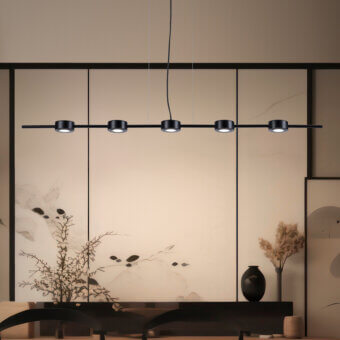 Elegant Euroluce Essential Linear suspension lamp crafted in black metal with cylindrical fixtures and a matte finish