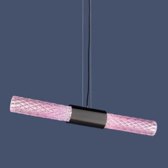 Superior Euroluce Gleam suspension lamp, a fixture with textured glass and matte black metal housing casting a pale pink glow