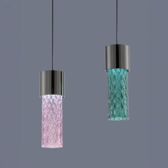 Suspension lamps, brushed metal and textured glass, cylindrical shape with pink and teal illuminated faceted glass cylinders, dark gray cords.