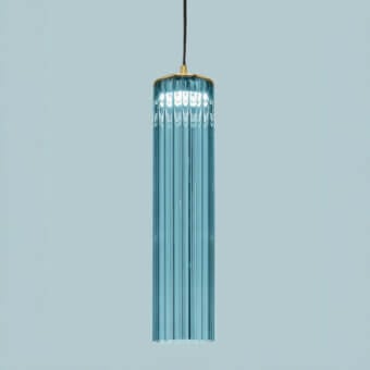Elegant Euroluce Itala suspension lamp crafted in textured translucent light blue glass with a satin gold finish
