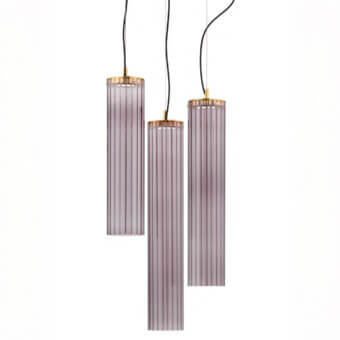 Exceptional Euroluce Itala suspension lamp crafted in lavender fluted glass with a glossy gold-toned metal canopy and sleek black cords