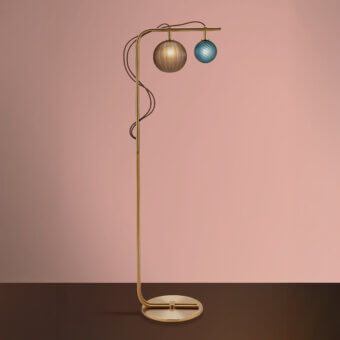 Superior Euroluce Le Perle floor lamp with vertical borosilicate spheres in gold and muted teal blue crafted with a polished metal frame