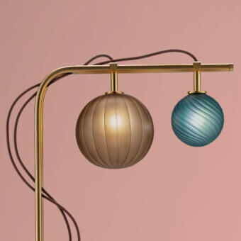 Captivating Euroluce Le Perle floor lamp with vertical borosilicate spheres in glossy golden metal and textured teal-blue glass