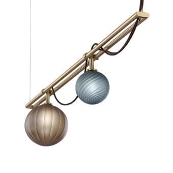Distinguished Euroluce Le Perle suspension lamp with cascading borosilicate spheres in muted blue and warm gold tones with brass-toned metal framing