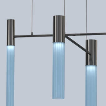 Cassoni linea suspension lamp, dark gray metal and light blue ribbed glass, linear three-cylinder fixture with horizontal bar.