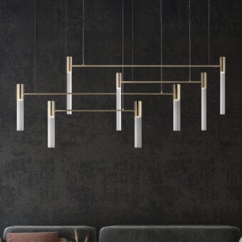 Exclusive Euroluce Linea suspension lamp with ten cylindrical light sources in textured gray and bright white, suspended from a satin gold-toned metal frame