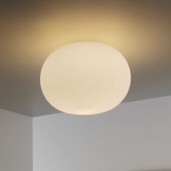 Exceptional FontanaArte Bianca lamp, a ceiling fixture with mouth-blown white glass and subtle grooves, boasting a silk effect finish