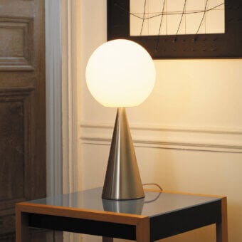 Distinguished FontanaArte Bilia table lamp with white blown glass shade and silver-grey metal base in satin finish
