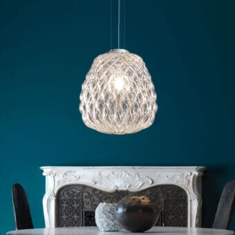 Distinguished FontanaArte Pinecone suspension lamp crafted in clear glass with a glossy galvanic-treated metal cage projecting kaleidoscopic shade effects