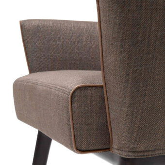Distinguished Giorgetti Alina armchair upholstered in warm muted brown textured textile with refined leather piping and dark satin-finish wooden frame