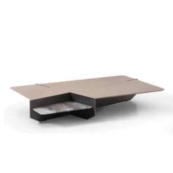 Distinguished Giorgetti Ghiblim coffee table with pewter-painted metal, Canaletto walnut, and marble exhibiting grey and brown veining