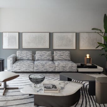 Distinguished Giorgetti Nereide Sofa – Maserati Edition sofa with textured blue and grey textile upholstery and pewter-coated metal base crafted in Italy