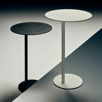 Distinguished Lapalma LYT side table with dark wood grain tabletop and sleek black cylindrical base in matte finish