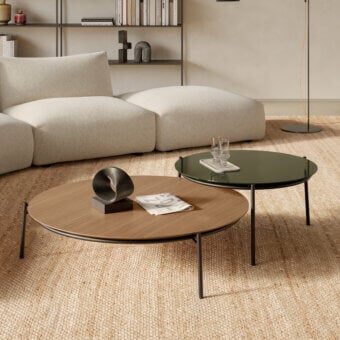 Elegant MDF Italia Cantle low coffee & side table with graphic steel frame and Canaletto walnut tabletop in a satin finish