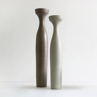 Exceptional Rina Menardi Angeli vase crafted from baked clay with gentle curving lines in medium-brown and greyish-beige coloration and satin sheen