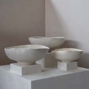 Exceptional Rina Menardi Fonti vessel sculpted from baked clay with a matte texture and pale tone