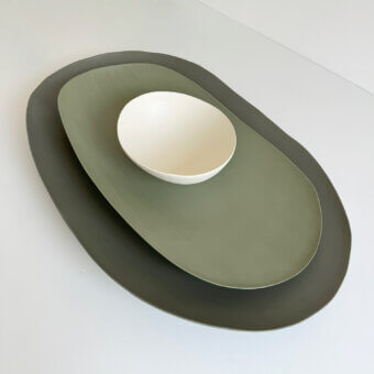 Exceptional Rina Menardi Petali centerpiece crafted from baked clay in graduated green shades with an off-white bowl