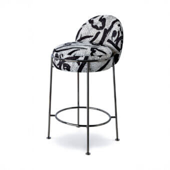 Captivating Sicis Amaretto stool with black and white mosaic textile upholstery and a polished metal frame
