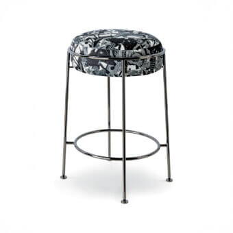 Exceptional Sicis Amaretto stool with black and white patterned textile upholstery and polished bright metal frame