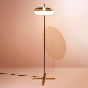 Luxury Sicis Amaretto floor lamp crafted with sleek metal and exquisite blown glass elements in shiny black nickel and champagne tones