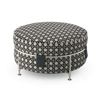 Distinguished Sicis Amaretto ottoman with geometric black pattern on light beige fabric and sleek coated metal legs