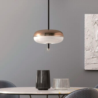 Superior Sicis Amaretto suspension lamp crafted with polished black nickel, champagne metal, and opaque white opal blown glass
