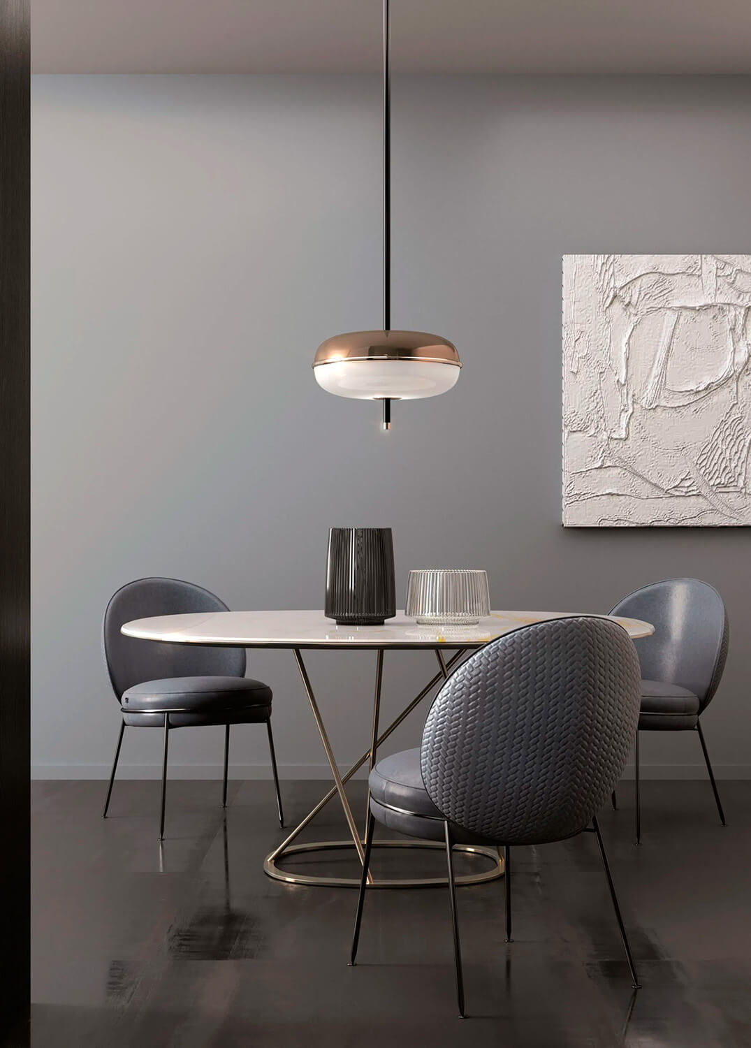 Luxury Sicis Amaretto suspension lamp crafted with polished black nickel, champagne metal, white opal blown glass and bronze mirror inserts