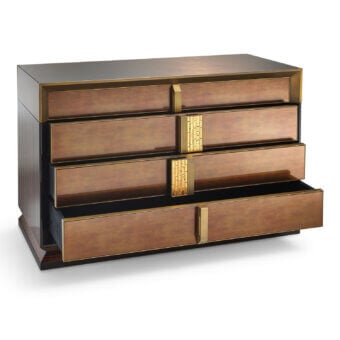 Exceptional Sicis Blake dresser in rich ebony wood with luxurious Vetrite glass and gold-toned metal hardware with a coated lacquered finish
