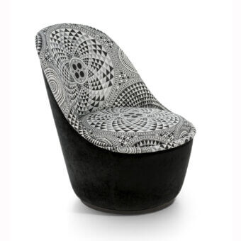 Elegant Sicis Blossom lounge chair with black and white geometric textile upholstery and dark coated-metal base crafted in Italy