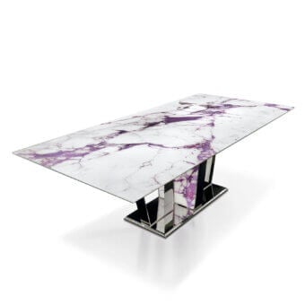 Superior Sicis Boston table with glossy white Vetrite surface dramatically veined with purple and polished silver-toned metal base