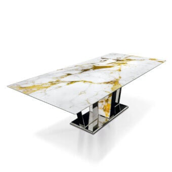 Distinguished Sicis Boston table crafted in Italy with glossy white marble-pattern Vetrite and polished silver metal base