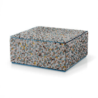 Exclusive Sicis Cube ottoman crafted in Italy with multi-toned fabric upholstery and subtle light blue trim