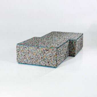 Distinguished Sicis Cube ottoman crafted in Italy with herringbone weave upholstery in muted teal and contrasting shades