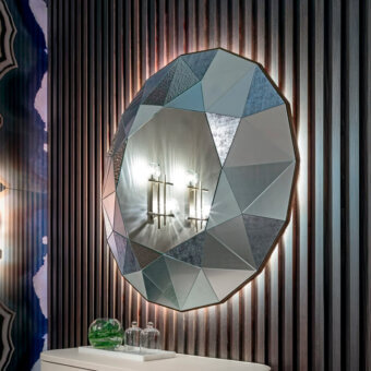 Stunning Sicis Cushion Mirror crafted in silver and gray with shimmering Vetrite glass and integrated LED backlighting