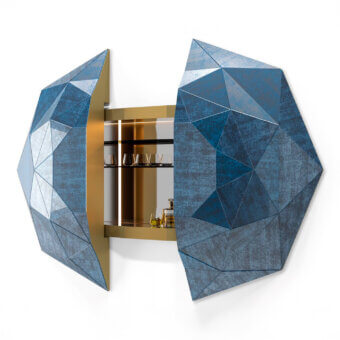Exceptional Sicis Diamante bar cabinet with mottled blue Vetrite glass and bronzed shelving, built with integrated 3000K LED lighting