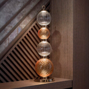 Superior Sicis Drop table lamp crafted in pyrex glass with a satin-finished metal frame and chromatic amber tones