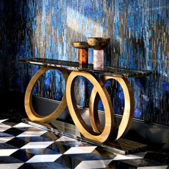 Exceptional Sicis Fluxus console with metallic mosaic and marble top in warm golden-brown wood with satin finish