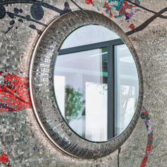 Distinguished Sicis Fluxus mirror with gray and colorful mosaic tiles plus coated lacquered backdrop and integrated LED backlighting