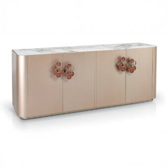 Distinguished Sicis Fluxus sideboard with warm gold lacquer, a marble top and intricately decorated metal handles within a glossy finish