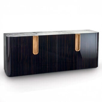 Exceptional Sicis Fluxus sideboard with a glossy lacquer, dark wood structure and striking marble top crafted with intricate metal handles